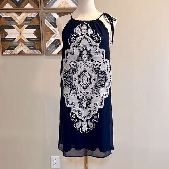 Aniina Anthropologie Navy Blue White Lace Halter Dress Small - Picture 1 of 6